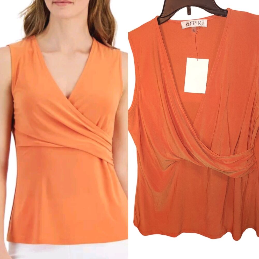 New Kasper women's Surplice Sleeveless Faux-Wrap Jersey Top Orange Sz Large